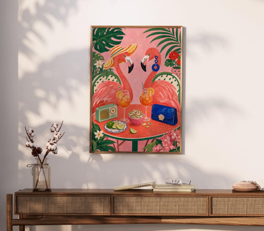 Two Flamingos Drinking Spritz on a Tropical Terrace Print