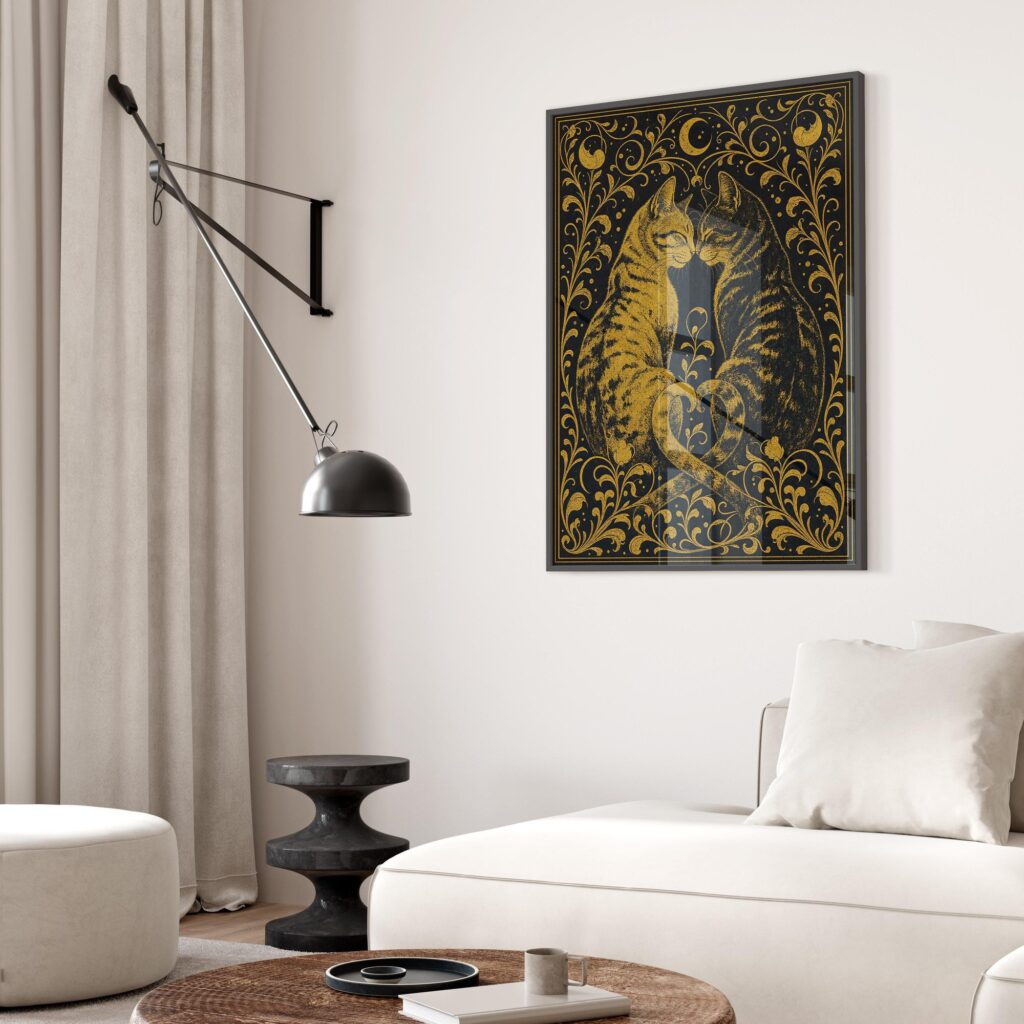 Two Gold Cats Nuzzling Under a Crescent Moon Print