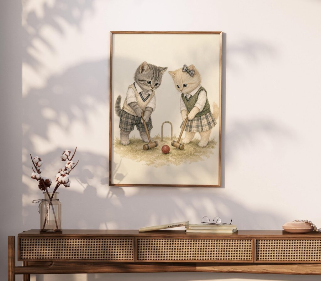 Two Kittens Playing Croquet in Vintage Clothes Print