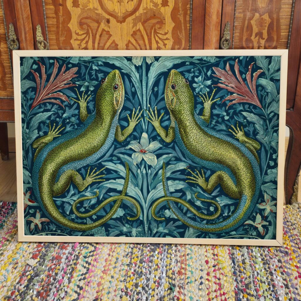 Vintage Green Lizard William Morris Style Poster