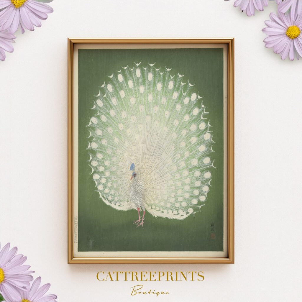 Vintage Japanese White Peacock Print