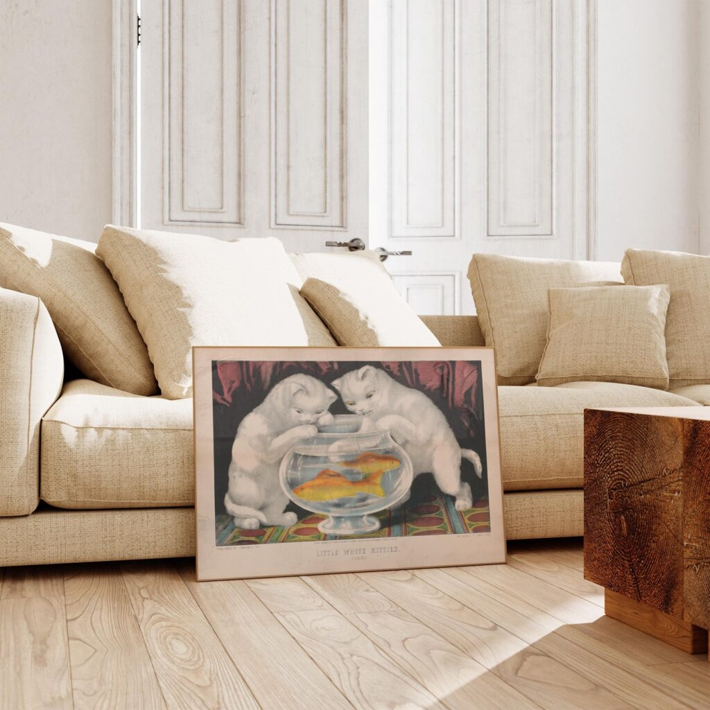 Vintage White Kittens Fishing Print