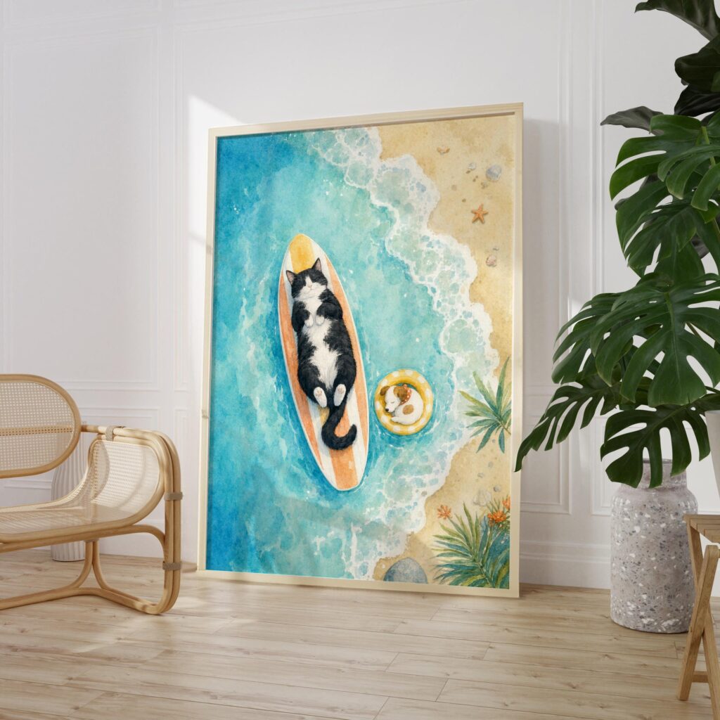 Watercolor Tuxedo Cat Asleep on a Surfboard Print