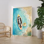 Watercolor Tuxedo Cat Asleep on a Surfboard Print