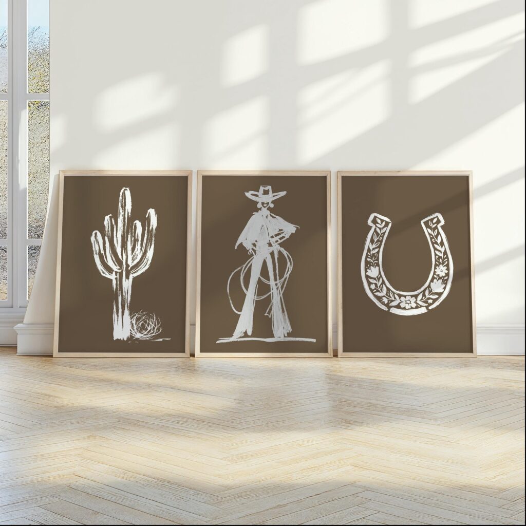 Western Cowgirl White Brushstroke Art Print Set of 3