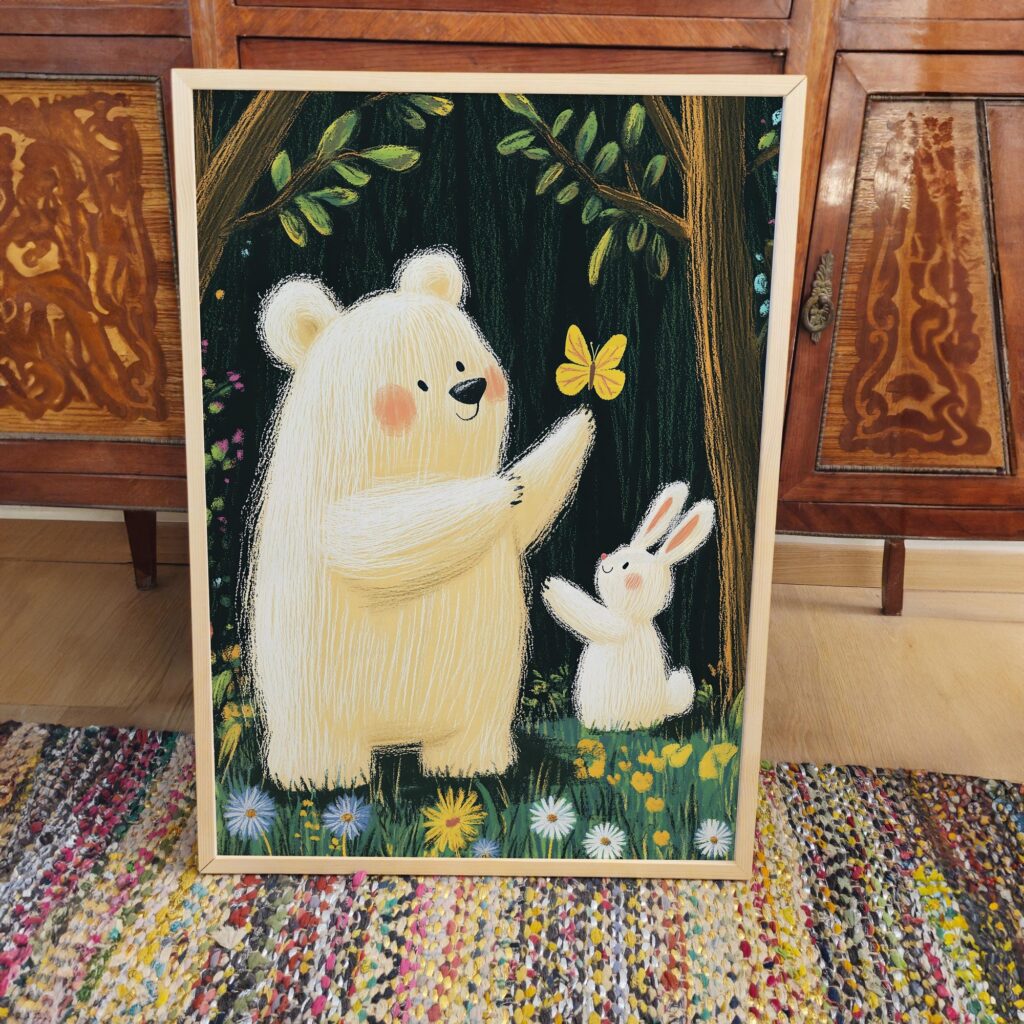 Whimsical Bear and Rabbit Nursery Art Print
