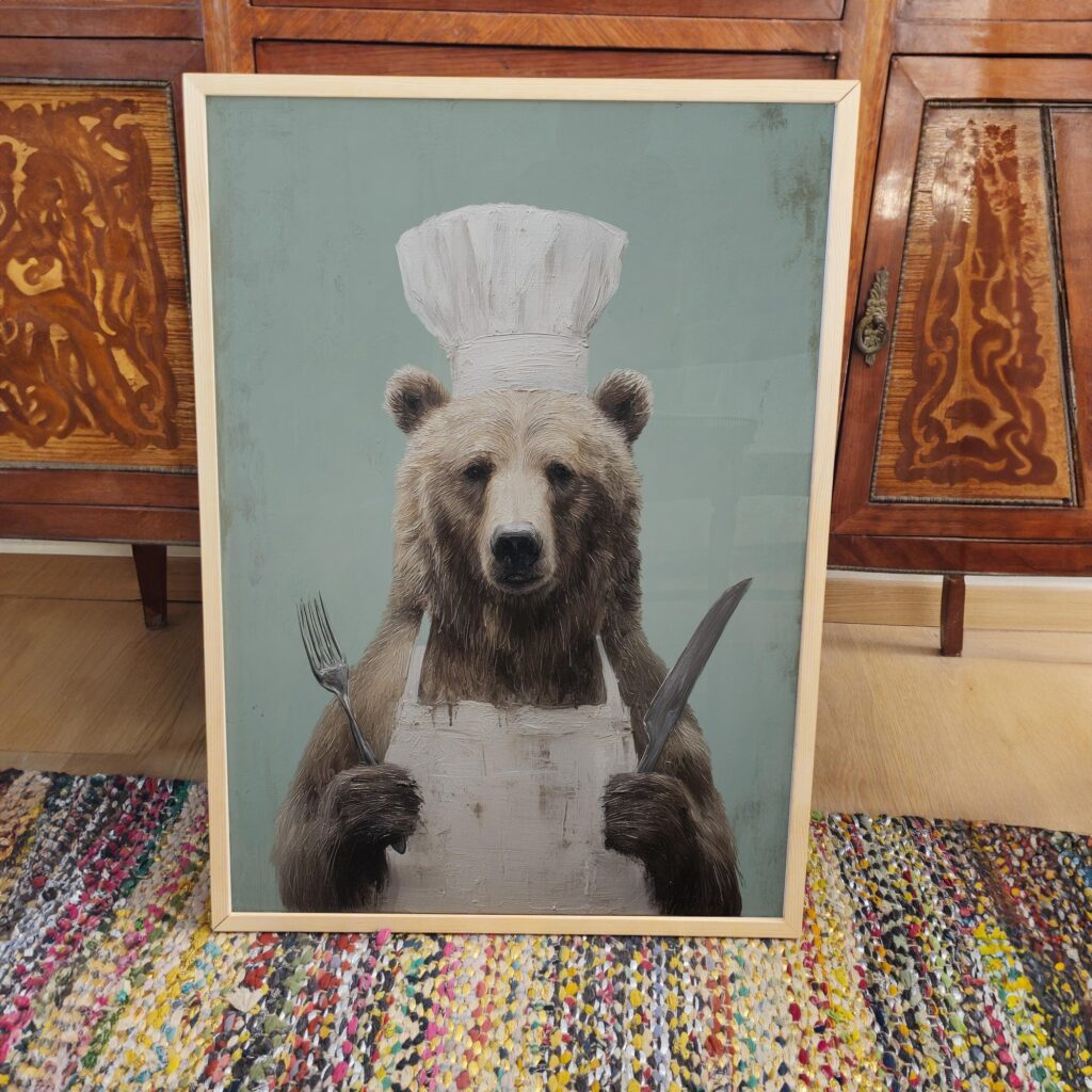 Whimsical Chef Bear Illustration Kitchen Wall Art