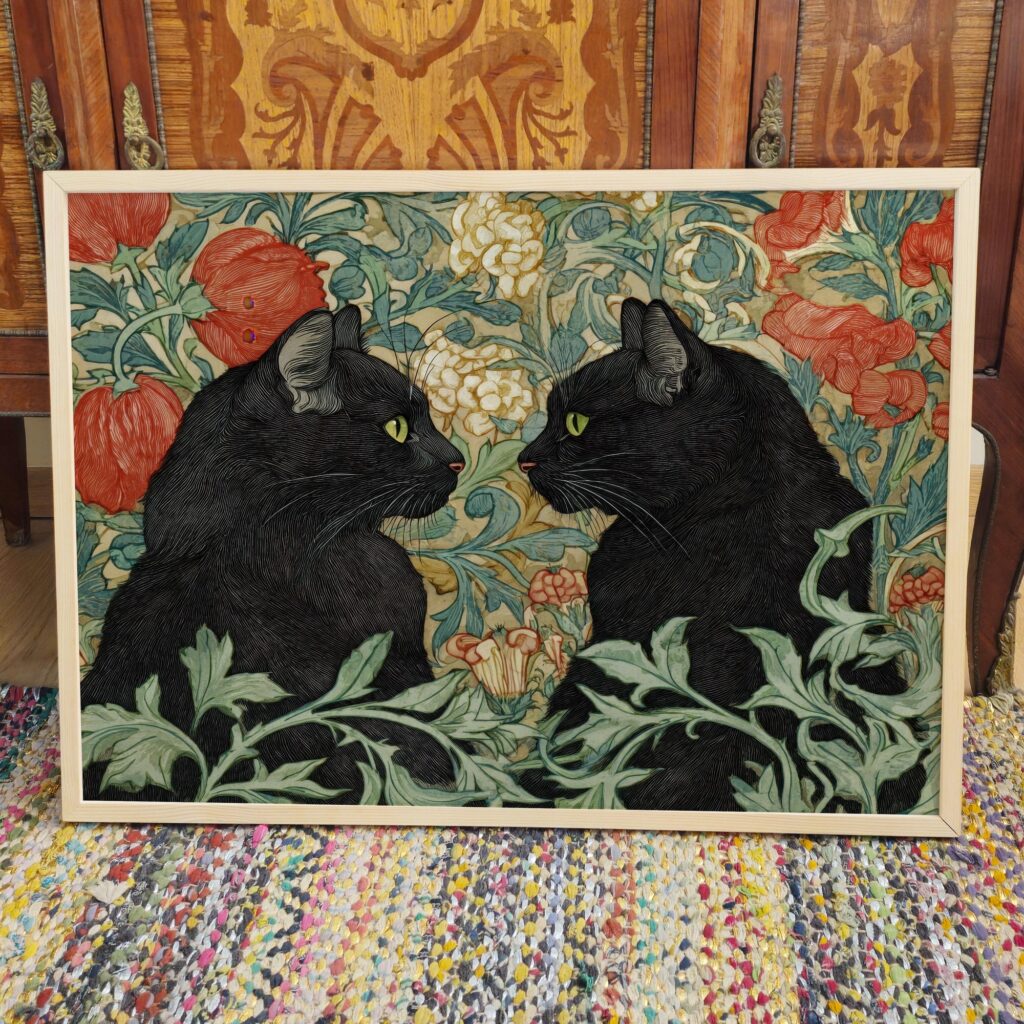 William Morris Black Cats in a Floral Garden Print