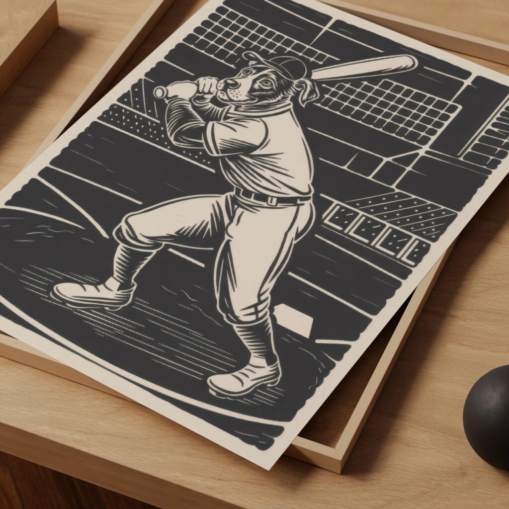 Baseball Dog Whimsical Black Art Print
