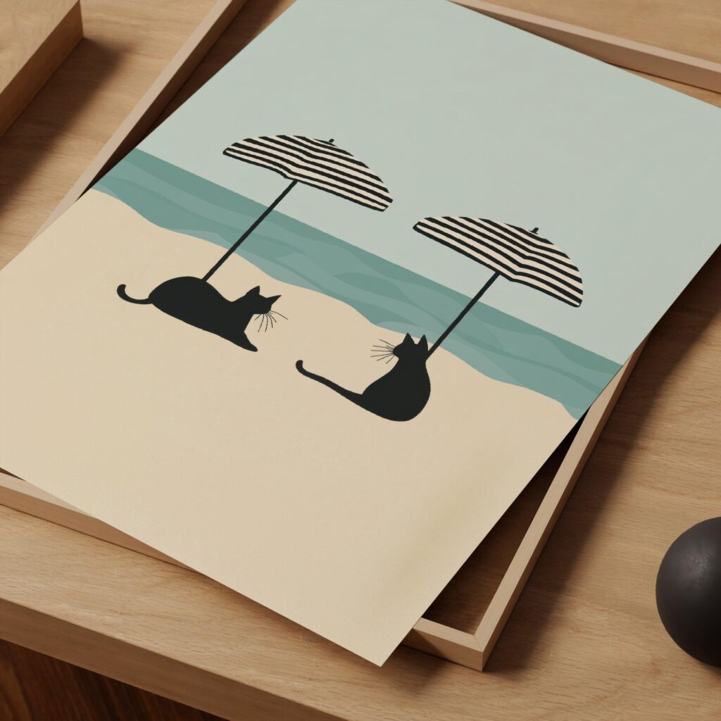 Beach Cats Under Umbrellas Print