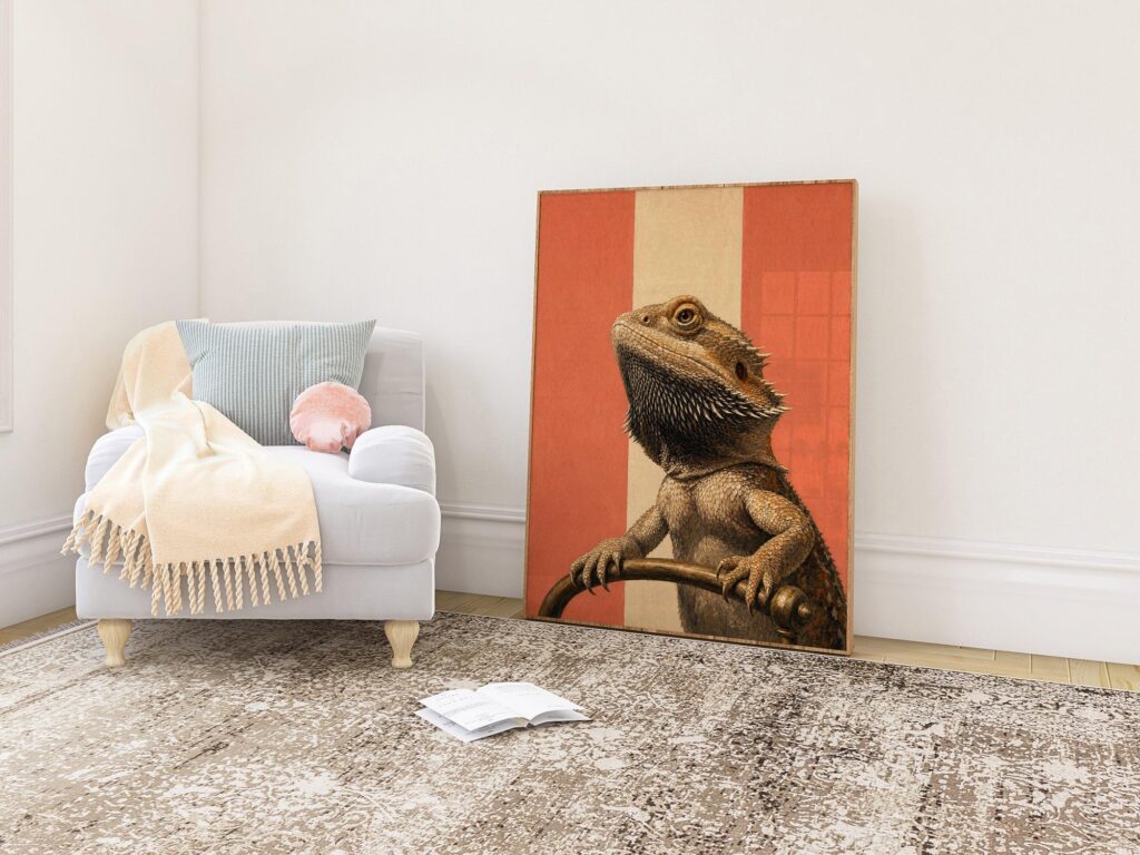 Bearded Dragon Portrait on Red Stripes Print