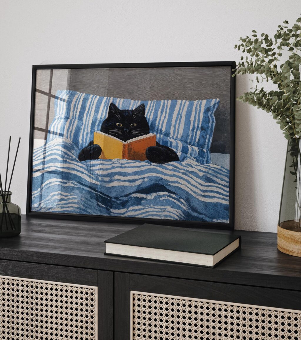 Black Cat Bed Reading Print