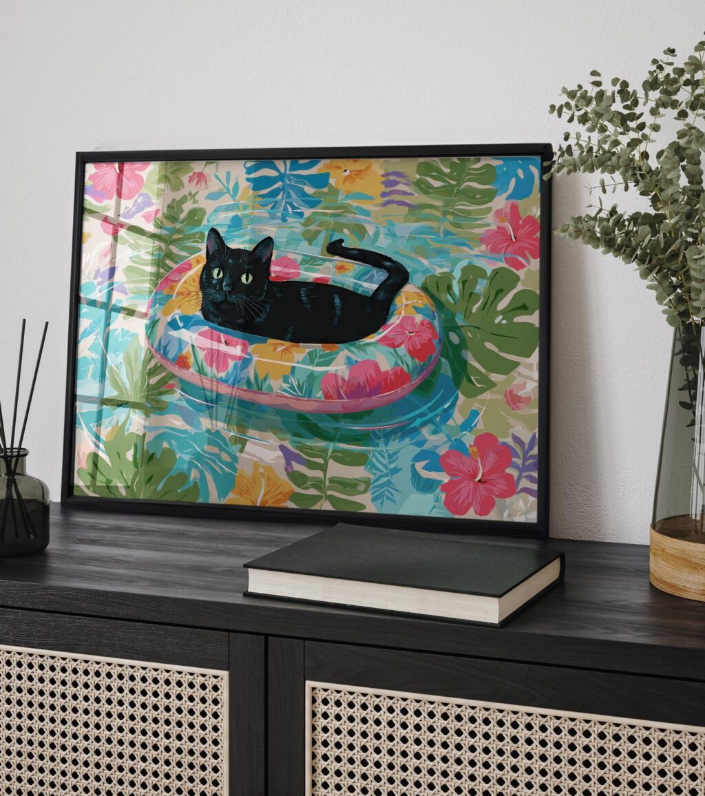 Black Cat in a Tropical Float Print