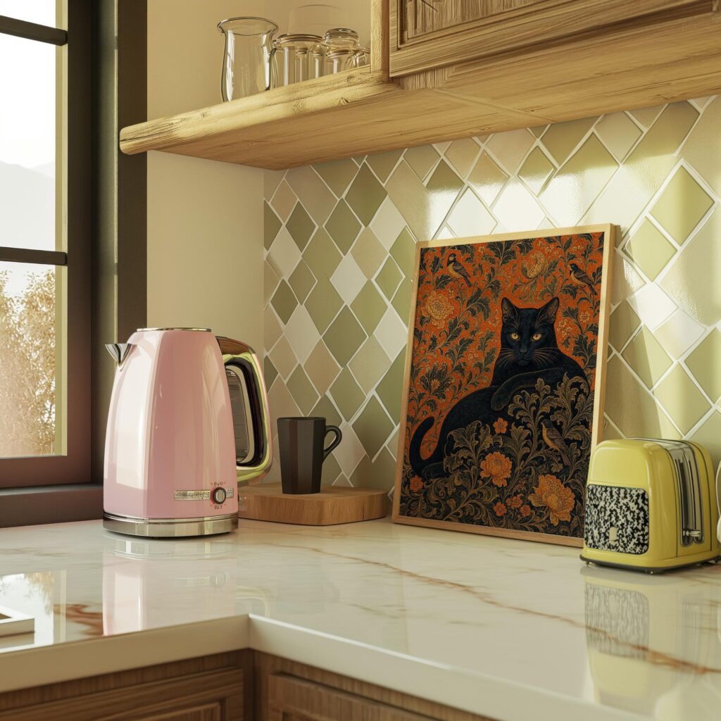 Black Cat with Birds on William Morris Floral Print