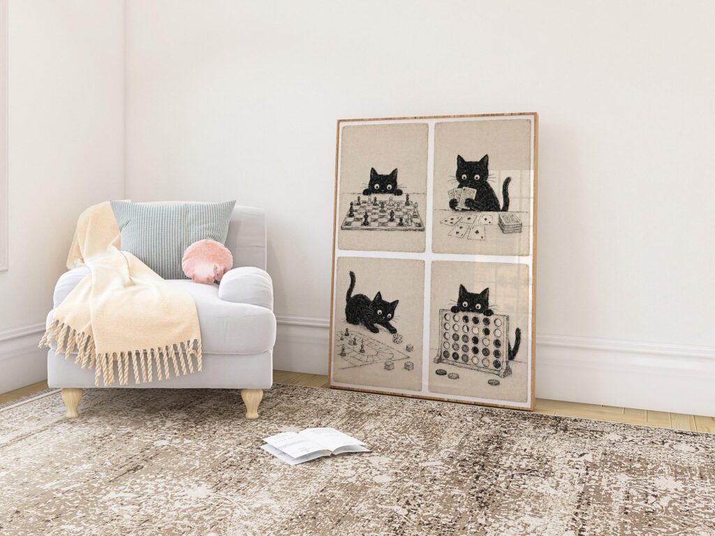 Black Cats Playing Board Games Print