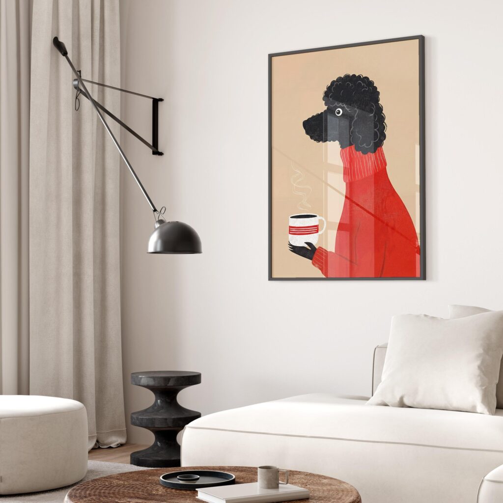 Black Poodle Dog Coffee Mid Century Art Print