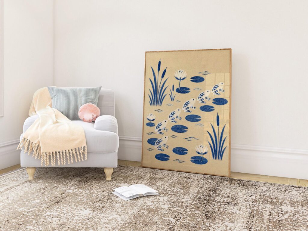 Blue Frogs Leaping Across a Lily Pond Print
