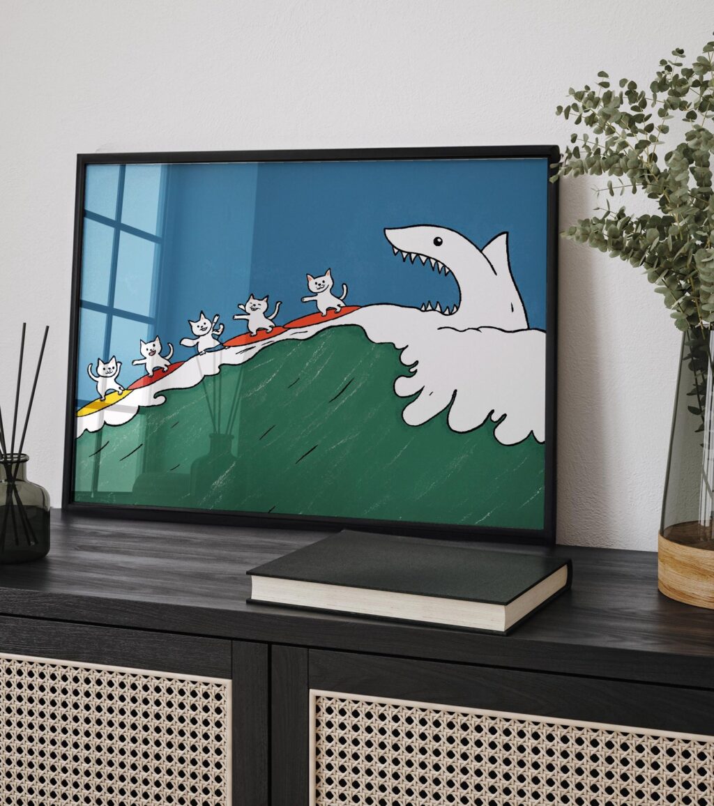 Cat Surf Shark Art Print