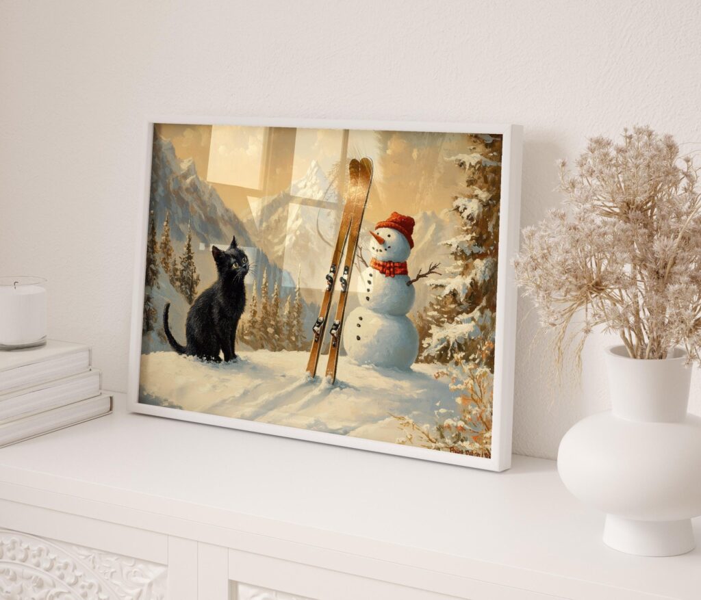 Cat with Snowman and Skis Print