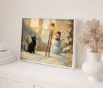 Cat with Snowman and Skis Print