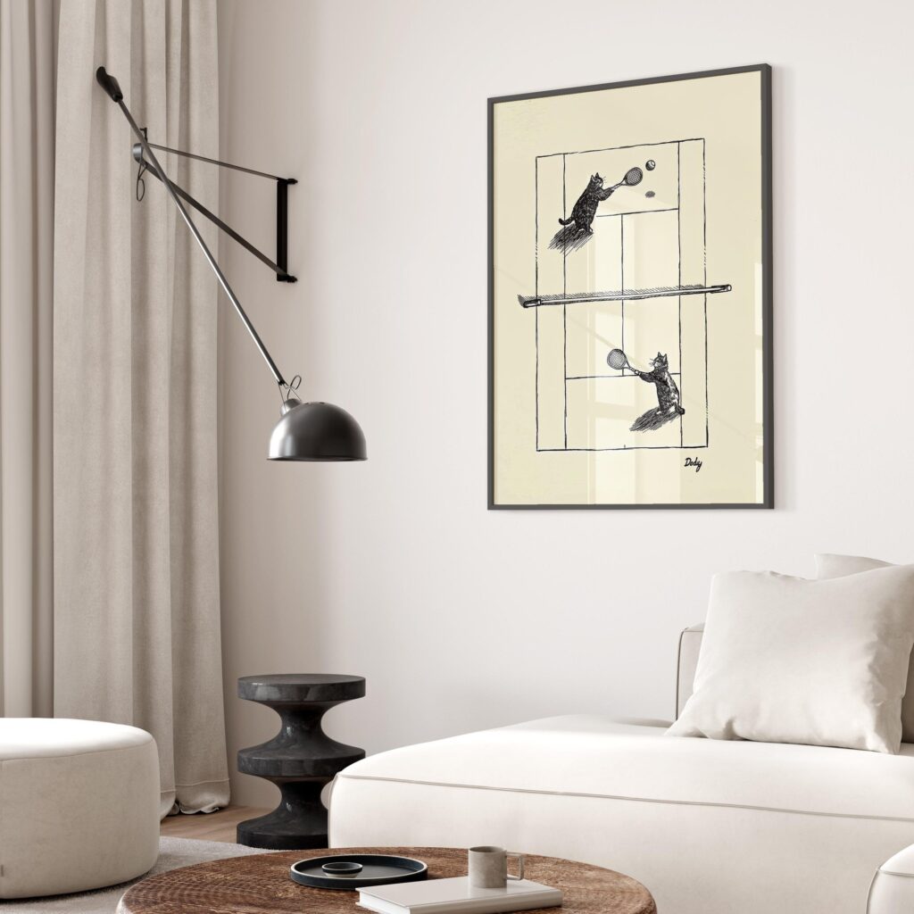 Cats Playing Tennis Ink Sketch Print