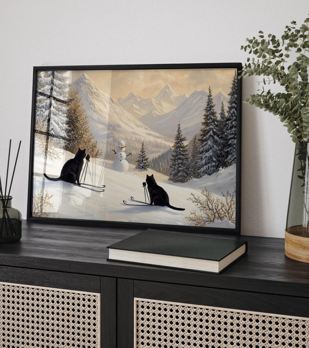 Cats Skiing with Snowman Print