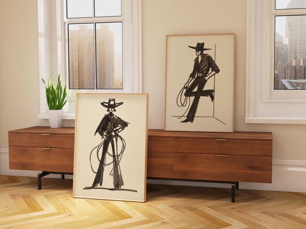 Cowgirl and Cowboy Sketch Print Set of 2