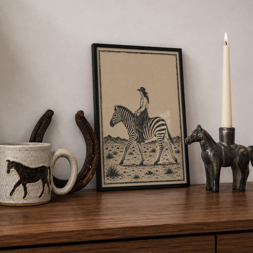 Cowgirl Riding a Zebra in the Desert Print