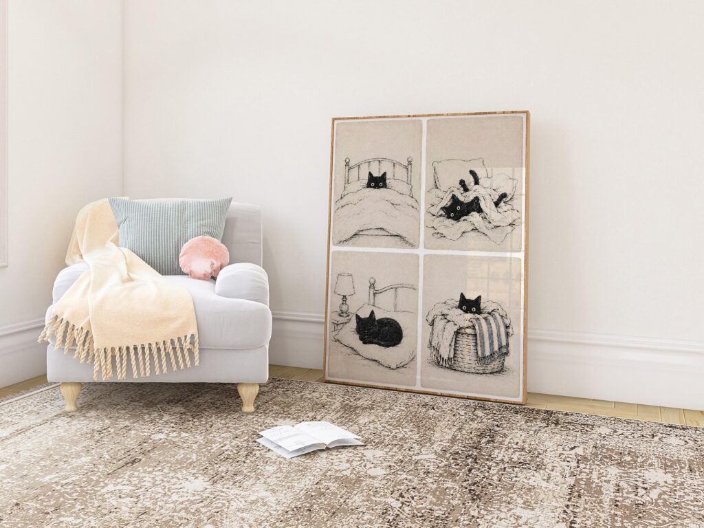 Cozy Black Cat in Four Panels Print