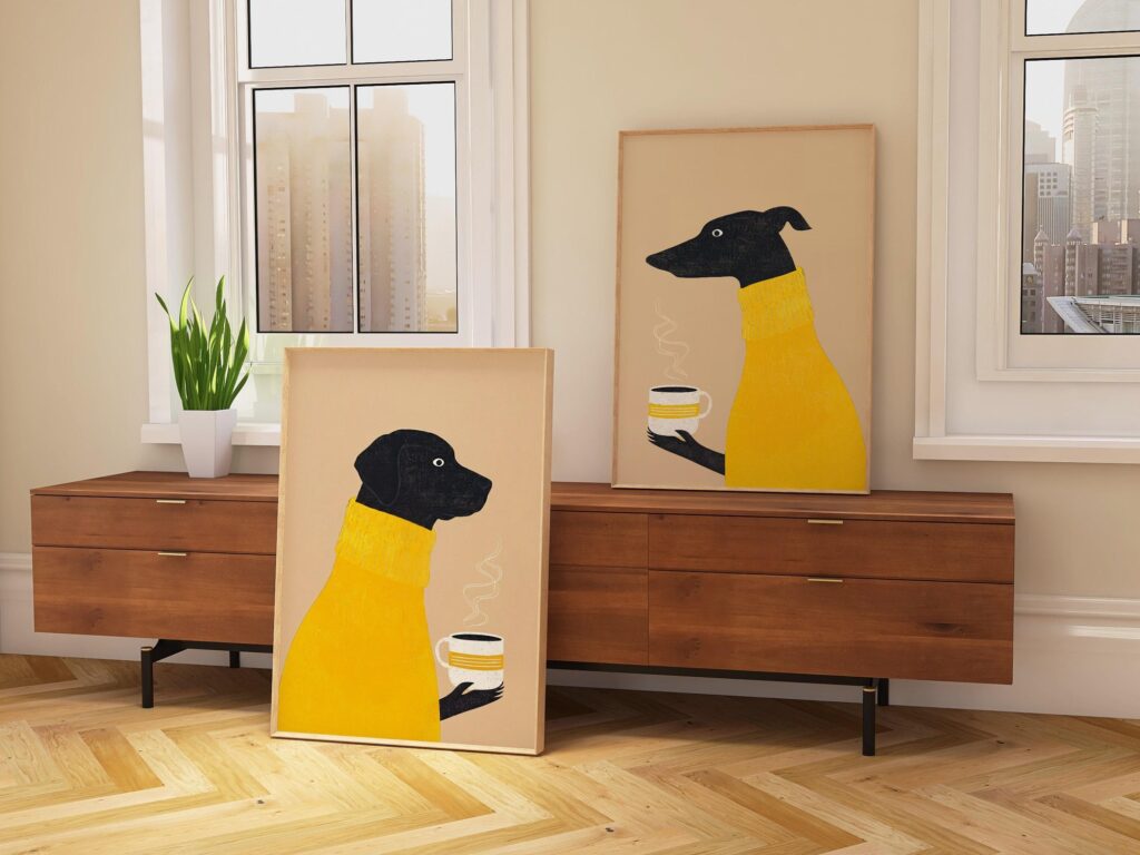 Dogs Drinking Coffee Art Print Set of 2