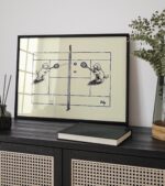 Dogs Playing Tennis Ink Drawing Whimsical Black Print