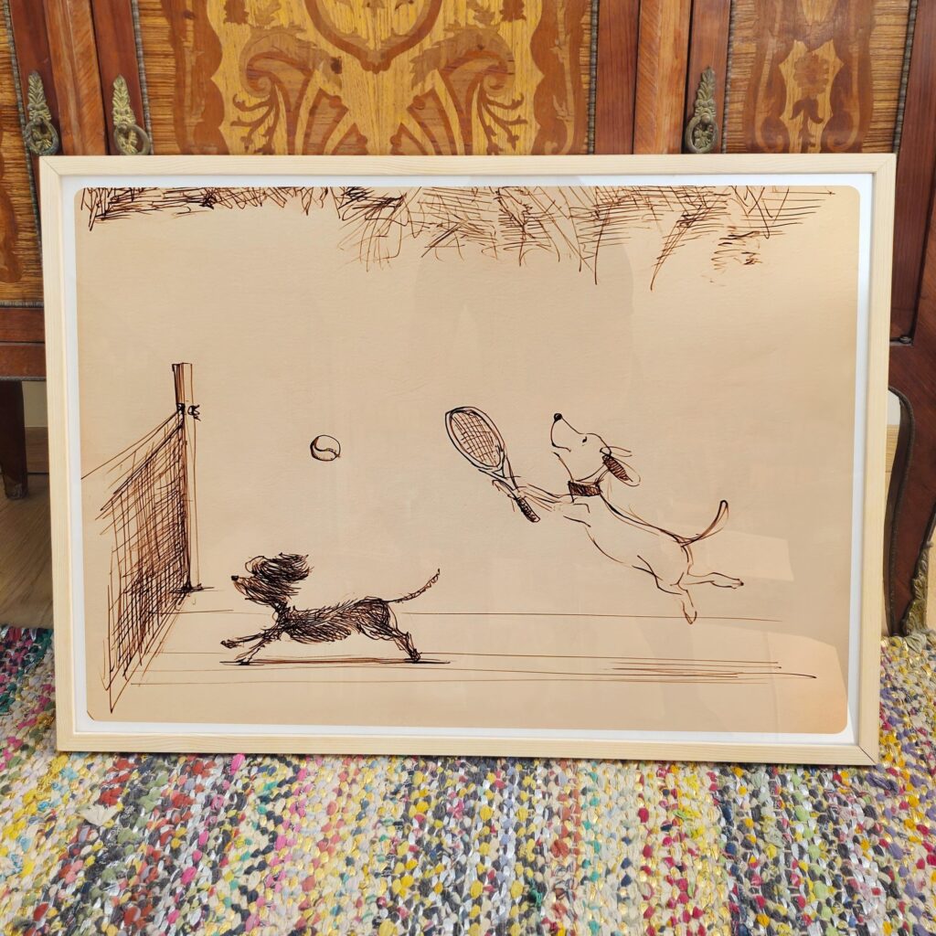 Dogs Playing Tennis Ink Sketch Print