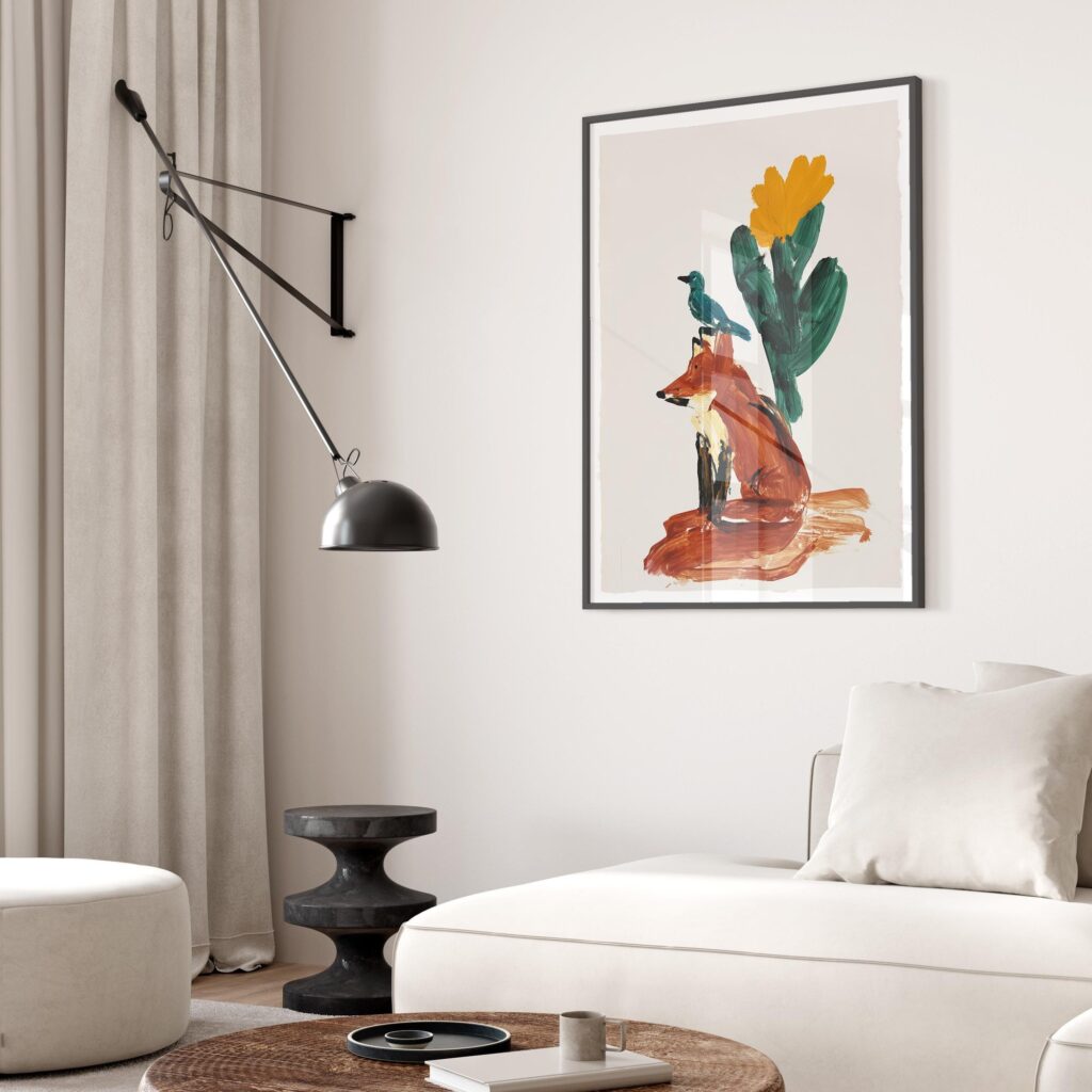 Fox and Bird Desert Cactus Art Print