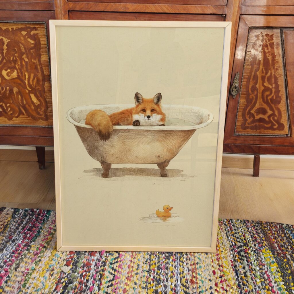 Fox in Bathtub Vintage Illustration Print
