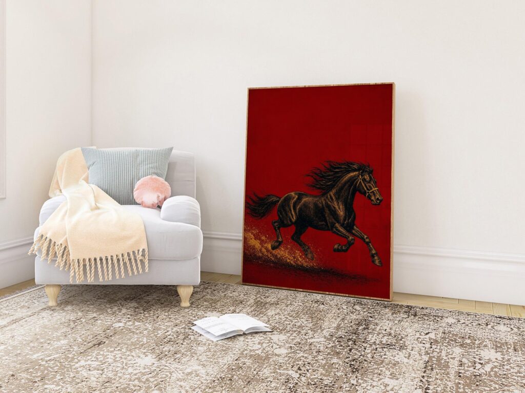 Galloping Black Horse on Deep Red Print
