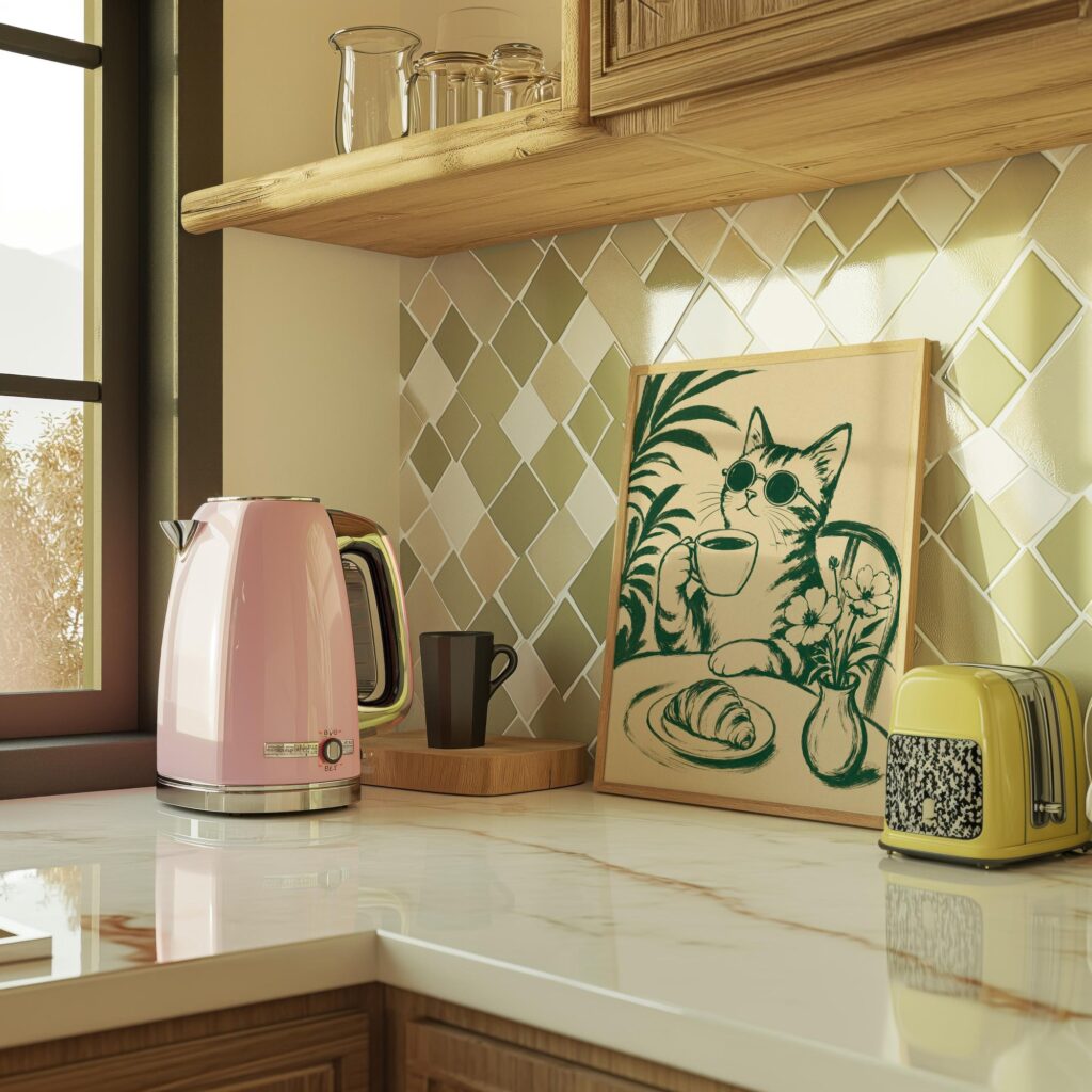 Green Coffee Cat Print