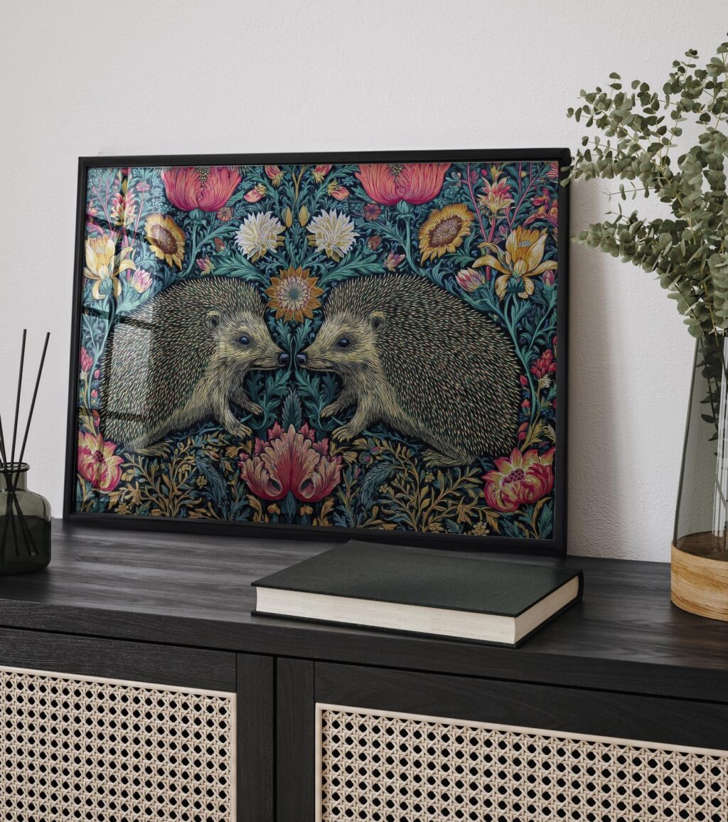 Hedgehog Dark Floral Wall Art Print