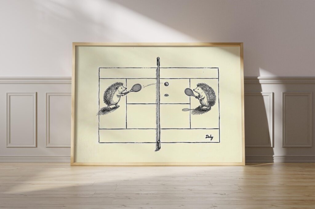 Hedgehog Tennis Funny Animal Ink Drawing Art Print