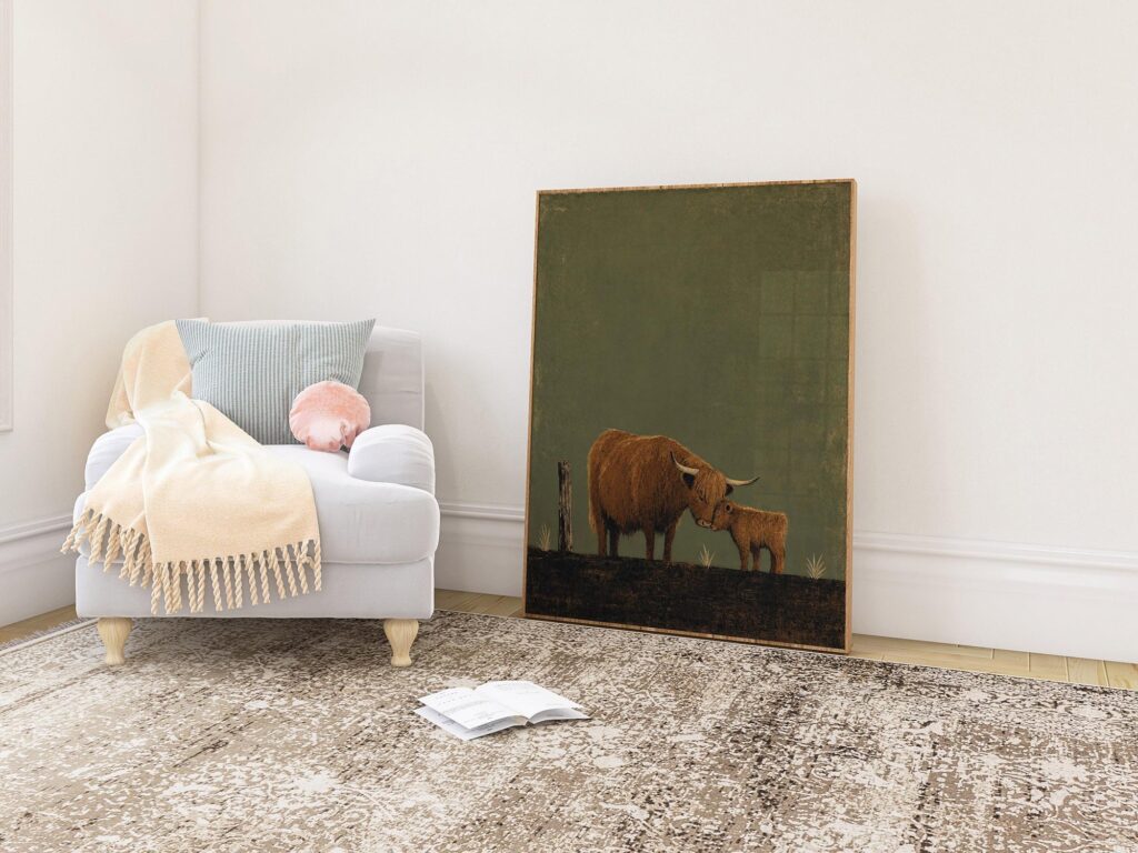 Highland Cow and Calf Nuzzling Print