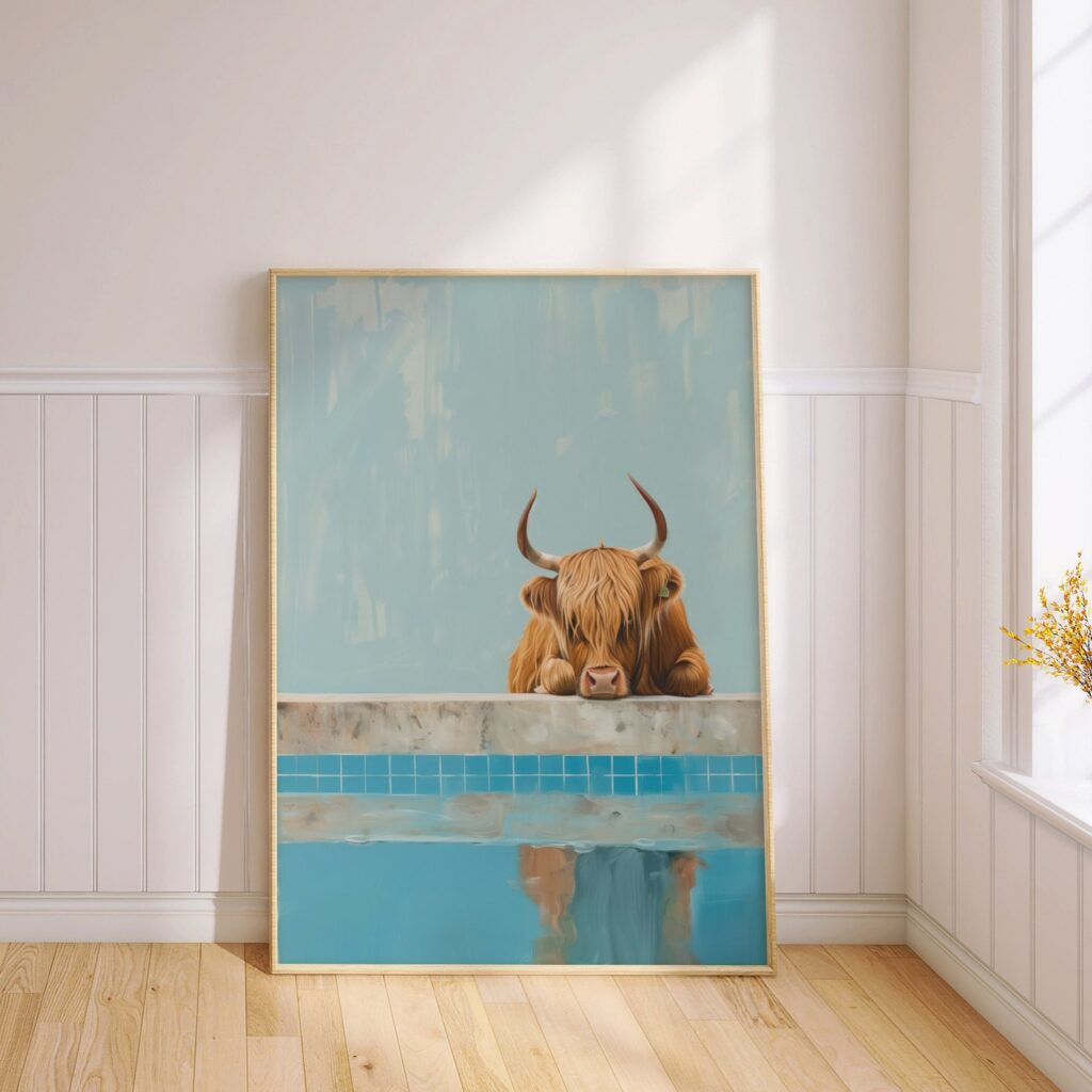 Highland Cow at Pool Print
