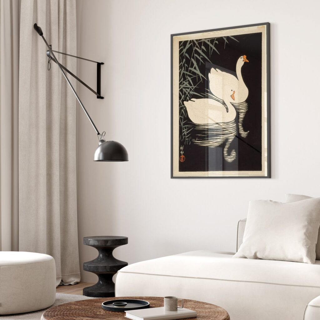 Japanese Swans Print Bird Art Japandi Decor Signed Ohara