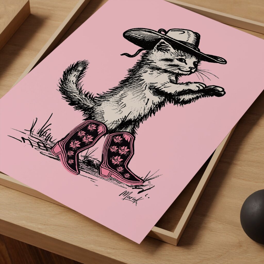 Pink Cowgirl Cat Print
