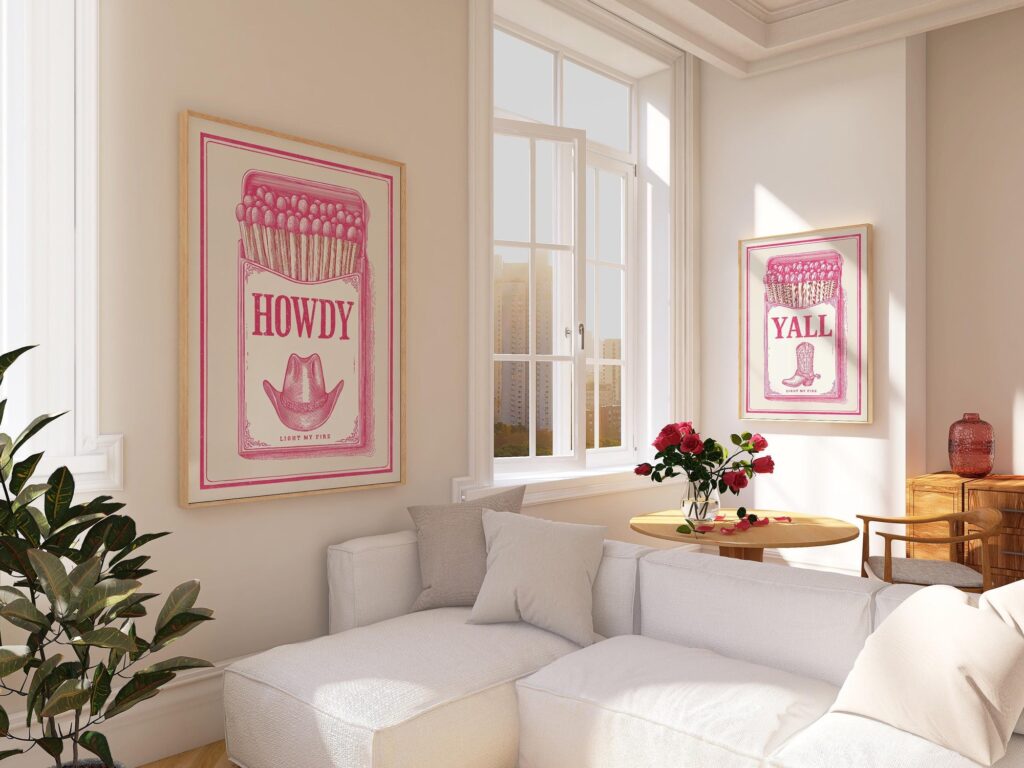 Pink Western Matchbox Howdy Yall Retro Art Print Set