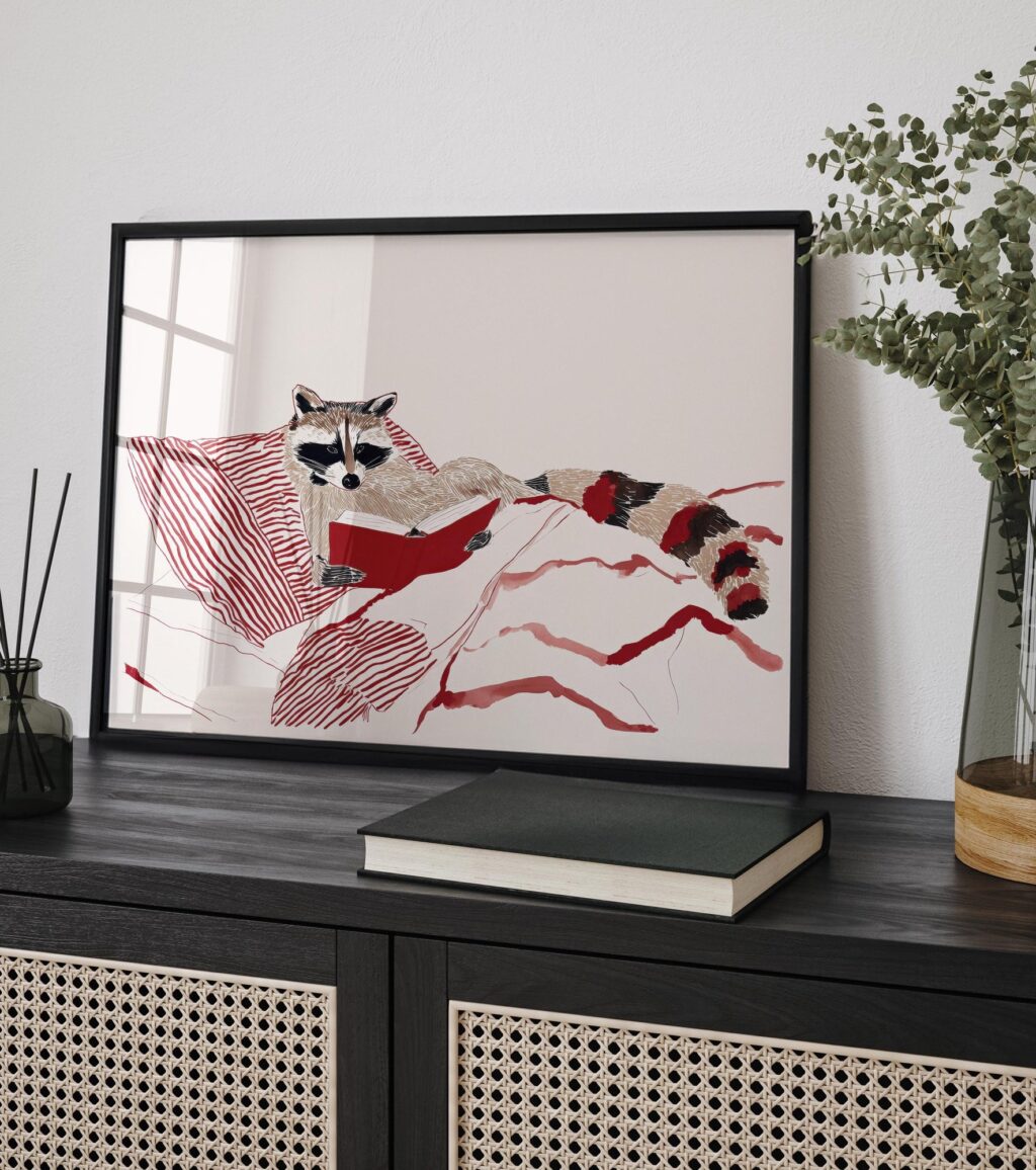 Raccoon Reading Book Illustration Art Print