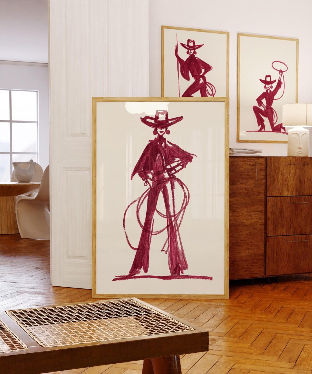 Set Of 3 Burgundy Cowgirl Art Prints