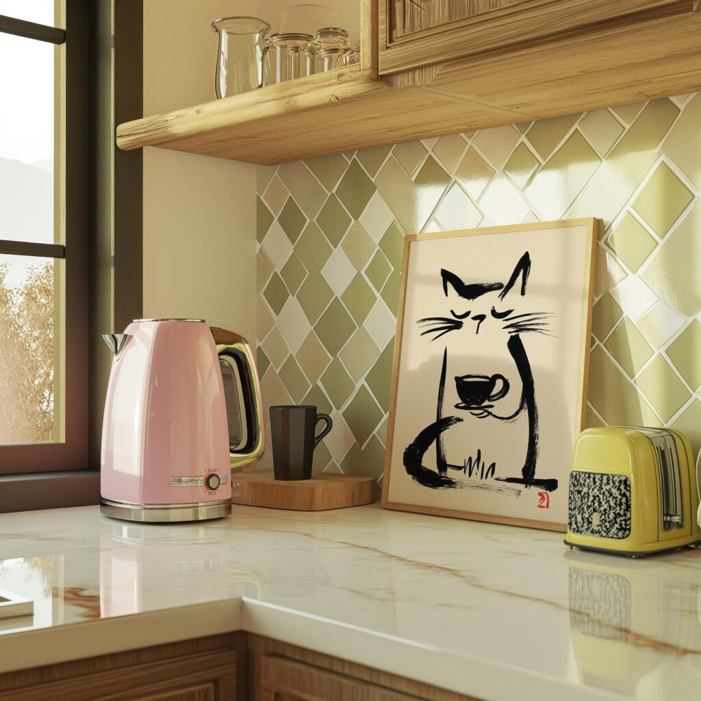 Sumi-e Coffee Cat Print
