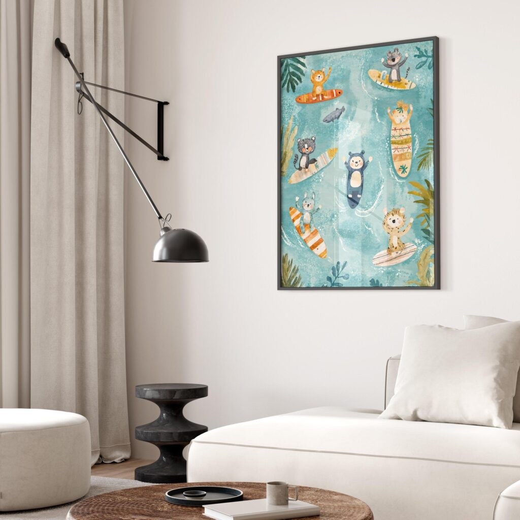Surfing Jungle Animals Nursery Art Print