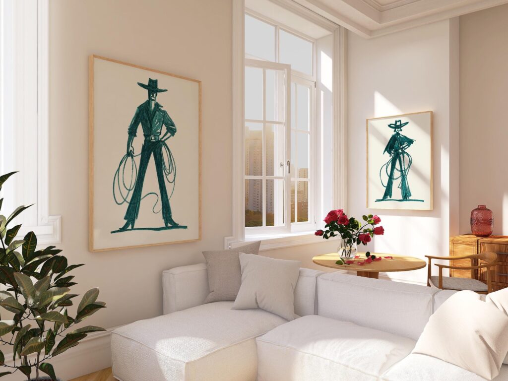 Teal Cowboy Cowgirl Line Art Prints Set of 2