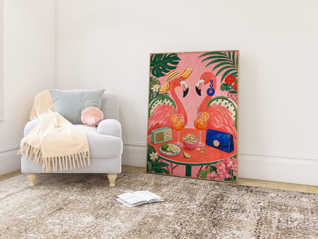 Two Flamingos Drinking Spritz on a Tropical Terrace Print