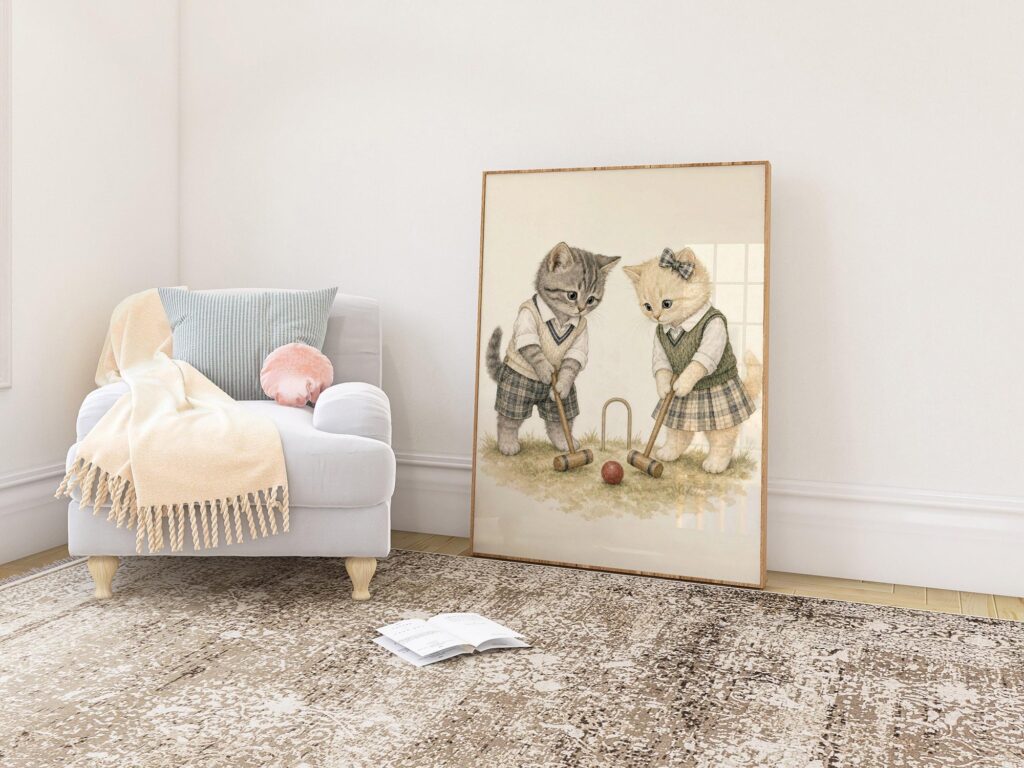 Two Kittens Playing Croquet in Vintage Clothes Print